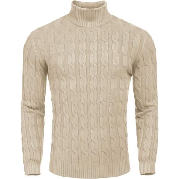 Men's Slim Fit Turtleneck Sweater Casual Twisted Knitted Pullover - Picture 1 of 7